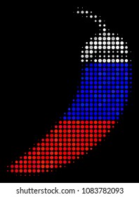 Halftone Chili Pepper icon colored in Russia official flag colors on a dark background. Vector concept of chili pepper icon done from spheric elements.