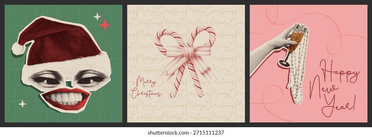Tarjetas de Navidad de medio tono con pegatinas de collage de papel vintage. Vector ilustración realista de carteles de vacaciones retro con cara femenina en sombrero de Santa, arco de bastón de caramelo, mano sosteniendo copa de champán