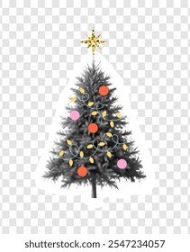 Árbol de Navidad de semitono con decoraciones aisladas sobre fondo transparente. Ilustración vectorial para collage, diseño de materiales publicitarios, Anuncio, cubierta.