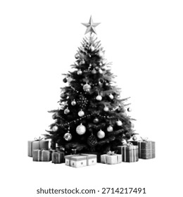 Árvore de Natal de meio-tom com estrela e caixa de presente, vintage ilustração estilo preto e branco isolado no branco, design festivo de férias para celebração de inverno e marca de Ano Novo.