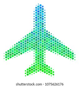 Halftone circle Air Plane icon. Icon in green and blue color tones on a white background. Vector collage of air plane icon created of spheric elements.