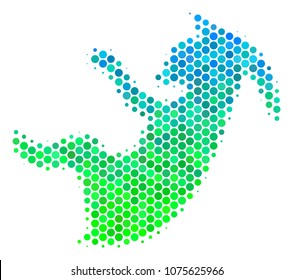 Halftone circle Alien Embryo pictogram. Icon in green and blue color tints on a white background. Vector mosaic of alien embryo icon composed of circle spots.
