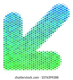 Halftone circle Arrow Down Left icon. Pictogram in green and blue color tinges on a white background. Vector concept of arrow down left icon created of sphere blots.