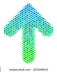 Halftone circle Arrow Up icon. Pictogram in green and blue color tinges on a white background. Vector mosaic of arrow up icon created of circle dots.