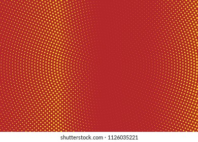 Fondo de círculo de semitonio, fondo de dibujo abstracto, puntos sobre fondo rojo, efecto de semitono, impresión retro de libro de historietas, estilo de arte pop, rojo y amarillo, patrón con círculos, puntos, ilustración vectorial