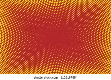 Fondo de círculo de semitonio, fondo de dibujo abstracto, puntos sobre fondo rojo, efecto de semitono, impresión retro de libro de historietas, estilo de arte pop, rojo y amarillo, patrón con círculos, puntos, ilustración vectorial