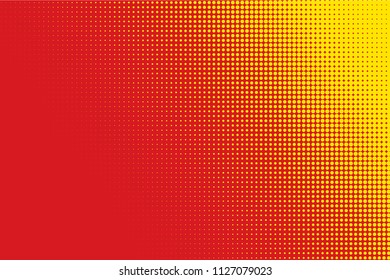 Halfone-Circle-Hintergrund, abstrakter, gepunkteter Hintergrund, Punkte auf rotem Hintergrund, Halbfone-Effekt, Comic Book Retro Print, Pop-Art-Stil, Rot und Gelb, Muster mit Kreisläufen, Punkte, Vektorgrafik