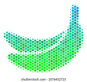 Halftone circle Banana icon. Pictogram in green and blue shades on a white background. Vector composition of banana icon designed of sphere spots.
