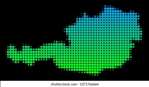 Halftone circle blot Austria Map. Vector territory map in green-blue gradient colors on a black background. Vector concept of Austria Map composed of small circles.