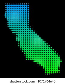 Halftone circle blot California Map. Vector geographic map in green-blue gradient colors on a black background. Vector composition of California Map made of circle blots.