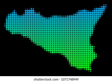 Halftone circle blot Sicilia Map. Vector geographic map in green-blue gradient colors on a black background. Vector collage of Sicilia Map combined of circle spots.