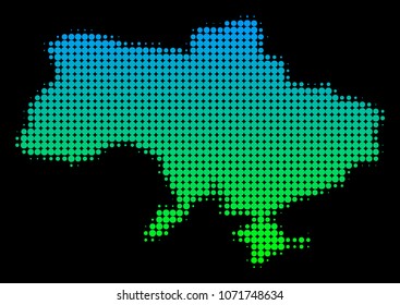 Halftone circle blot Ukraine Map With Crimea. Vector territory map in green-blue gradient colors on a black background. Vector collage of Ukraine Map With Crimea designed of circle dots.