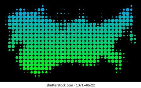 Halftone circle blot USSR Map. Vector geographical map in green-blue gradient colors on a black background. Vector mosaic of USSR Map created of circle blots.