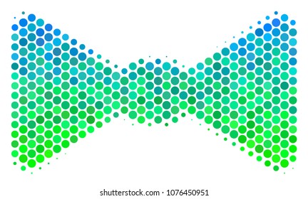 Halftone circle Bow Tie icon. Pictogram in green and blue color tinges on a white background. Vector composition of bow tie icon created of sphere items.