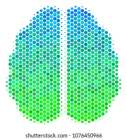 Halftone circle Brain pictogram. Icon in green and blue color tones on a white background. Vector composition of brain icon combined of spheric blots.