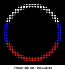 Halftone Circle Bubble pictogram colored in Russia official flag colors on a dark background. Vector composition of circle bubble icon designed of round blots.