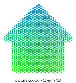 Halftone circle Cabin icon. Pictogram in green and blue color hues on a white background. Vector concept of cabin icon done of circle spots.