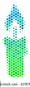 Halftone circle Candle pictogram. Pictogram in green and blue color hues on a white background. Vector composition of candle icon combined of sphere pixels.