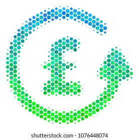 Halftone circle Chargeback Pound icon. Icon in green and blue color tints on a white background. Vector pattern of chargeback pound icon created of circle dots.