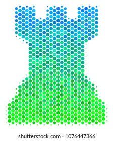 Halftone circle Chess Tower icon. Icon in green and blue color tints on a white background. Vector mosaic of chess tower icon created of round dots.