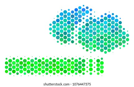 Halftone circle Cigarette Smoke pictogram. Icon in green and blue shades on a white background. Vector mosaic of cigarette smoke icon constructed of circle spots.