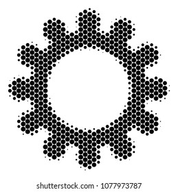 Halftone circle Cog icon. Pictogram on a white background. Vector pattern of cog icon organized of spheric pixels.