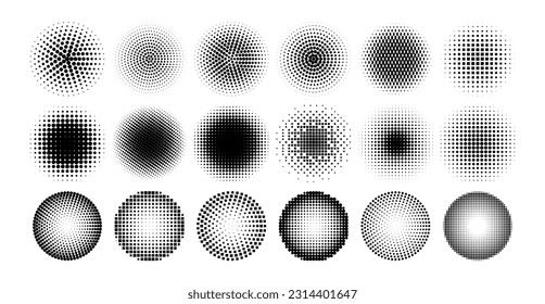 Halftone circle. Comic dotted circles, point tone pattern, gradient background geometry element, round pop art shape. Spray points effect. Vector set. Abstract geometric figures isolated