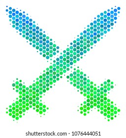 Halftone circle Crossing Swords pictogram. Pictogram in green and blue shades on a white background. Vector concept of crossing swords icon organized of sphere elements.