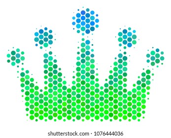 Halftone circle Crown icon. Icon in green and blue color tinges on a white background. Vector pattern of crown icon constructed of round dots.