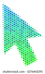 Halftone circle Cursor Arrow icon. Icon in green and blue color tints on a white background. Vector collage of cursor arrow icon composed of spheric dots.