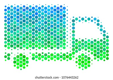 Halftone circle Delivery Lorry pictogram. Pictogram in green and blue color hues on a white background. Vector mosaic of delivery lorry icon constructed of circle pixels.