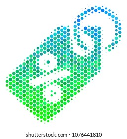Halftone circle Discount Tag icon. Pictogram in green and blue color tones on a white background. Vector collage of discount tag icon combined of circle pixels.