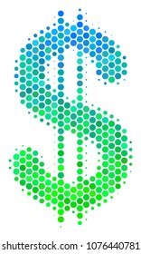 Halftone circle Dollar pictogram. Icon in green and blue color tinges on a white background. Vector mosaic of dollar icon done of sphere spots.