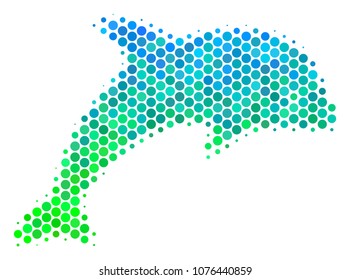 Halftone circle Dolphin icon. Pictogram in green and blue color tones on a white background. Vector collage of dolphin icon designed of spheric dots.