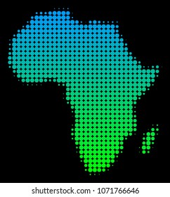 Halftone circle dot Africa Map. Vector territorial map in green-blue gradient colors on a black background. Vector collage of Africa Map composed of circle spots.