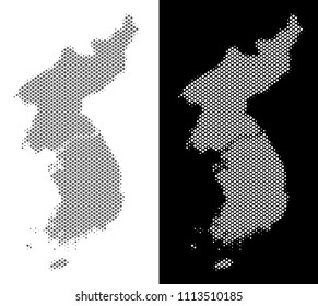 Halftone circle dot North and South Korea map. Vector geographical maps in grey and white colors on white and black backgrounds. Abstract composition of North and South Korea map done of circle dots.