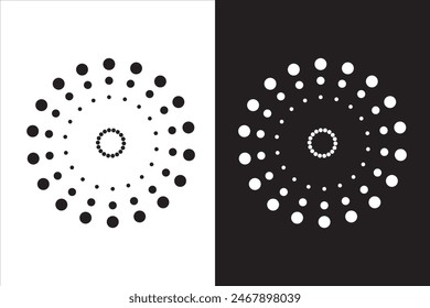 Halbtonkreis und Punktmusterhintergrund. Schwarzweißhintergrund Halbton. Halbtonkreis Textur, Muster, Objekt. Abstrakter und effektiver Halbtonhintergrund. Vektorillustration.