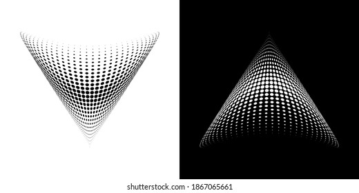 Halftone Circle Dots Curved Gradient Texture Background. 3d Logo. Curve Dotted Emblem Using Halftone Pattern Circle Dot Raster Texture. Vector Blot Half Tone.