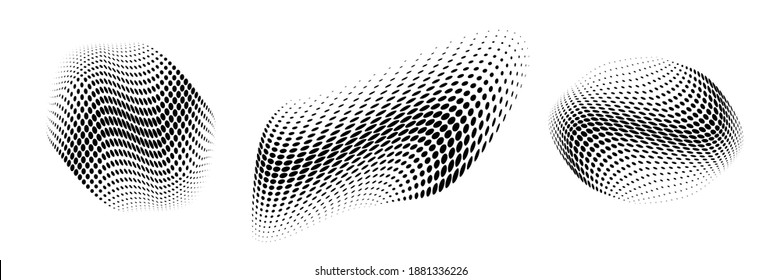 Halftone circle dots curved gradient texture background. 3d logo. Curve dotted emblem using halftone pattern circle dot raster texture. Vector blot half tone.