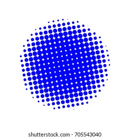 Halftone circle, halftone dots pattern, vector. Blue dots on white background. Monochrome 