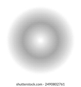 Halftone circle dotted backdrop. Abstract dots gradient circle emblem. Design simple element. Round border flat icon, random halftone circle dot texture. Half tone circular background pattern.