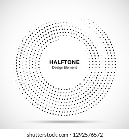 Halftone circle dotted frame circularly distributed. Abstract dots logo emblem design element. Round border Icon using random halftone circle dot raster texture. Half tone circular background pattern.