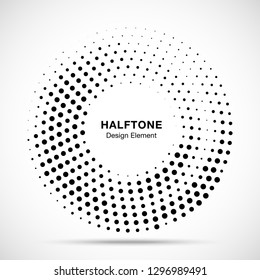 Halftone circle dotted frame circularly distributed. Abstract dots logo emblem design element. Round border Icon using random halftone circle dot raster texture. Half tone circular background pattern.