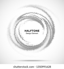 Halftone circle dotted frame circularly distributed. Abstract dots logo emblem design element. Round border Icon using random halftone circle dot raster texture. Half tone circular background pattern.
