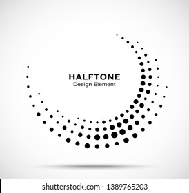 Halftone circle dotted frame circularly distributed. Vector dots logo emblem design element. Round border Icon using random halftone circle dot raster texture. Half tone circular background pattern.