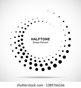 Halftone circle dotted frame circularly distributed. Vector dots logo emblem design element. Round border Icon using random halftone circle dot raster texture. Half tone circular background pattern.