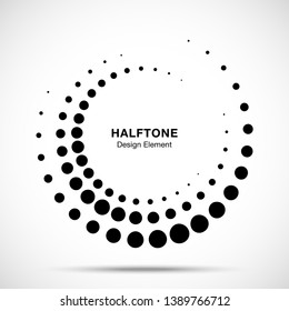 Halftone circle dotted frame circularly distributed. Vector dots logo emblem design element. Round border Icon using random halftone circle dot raster texture. Half tone circular background pattern.