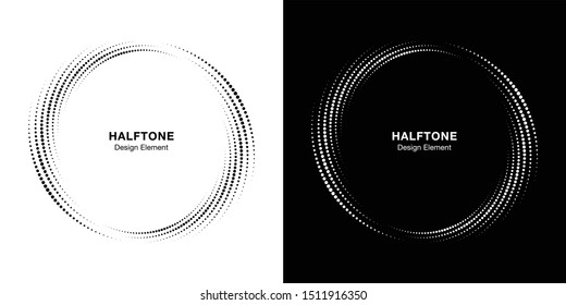 Halftone circle dotted frame circularly distributed set. Abstract dots logo emblem design element. Round border Icon using halftone circle dot texture. Half tone circular background pattern. Vector.