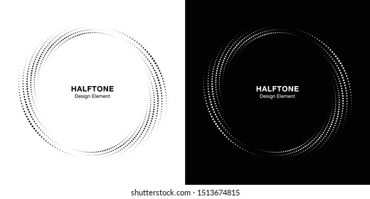 Halftone Circle Dotted Frame Circularly Distributed Set. Abstract Dots Logo Emblem Design Element. Round Border Icon Using Halftone Circle Dot Texture. Half Tone Circular Background Pattern. Vector.