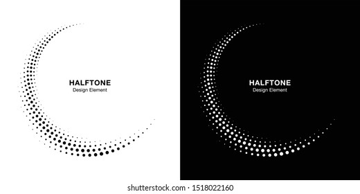 Halftone Circle Dotted Frame Circularly Distributed Set. Abstract Dots Logo Emblem Design Element. Round Border Icon Using Halftone Circle Dot Texture. Half Tone Circular Background Pattern. Vector.